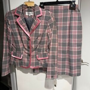 Lew Magram Gray and Pink Plaid Blazer and Skirt Set